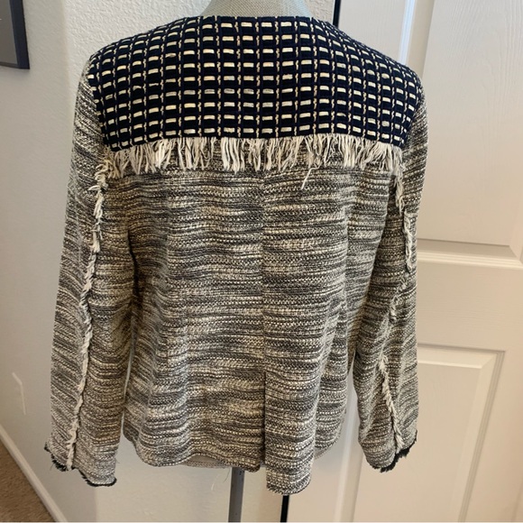 CHICO’S size 2 (size 12-14) blazer jacket unique yoke and fringe black and white - Picture 5 of 12